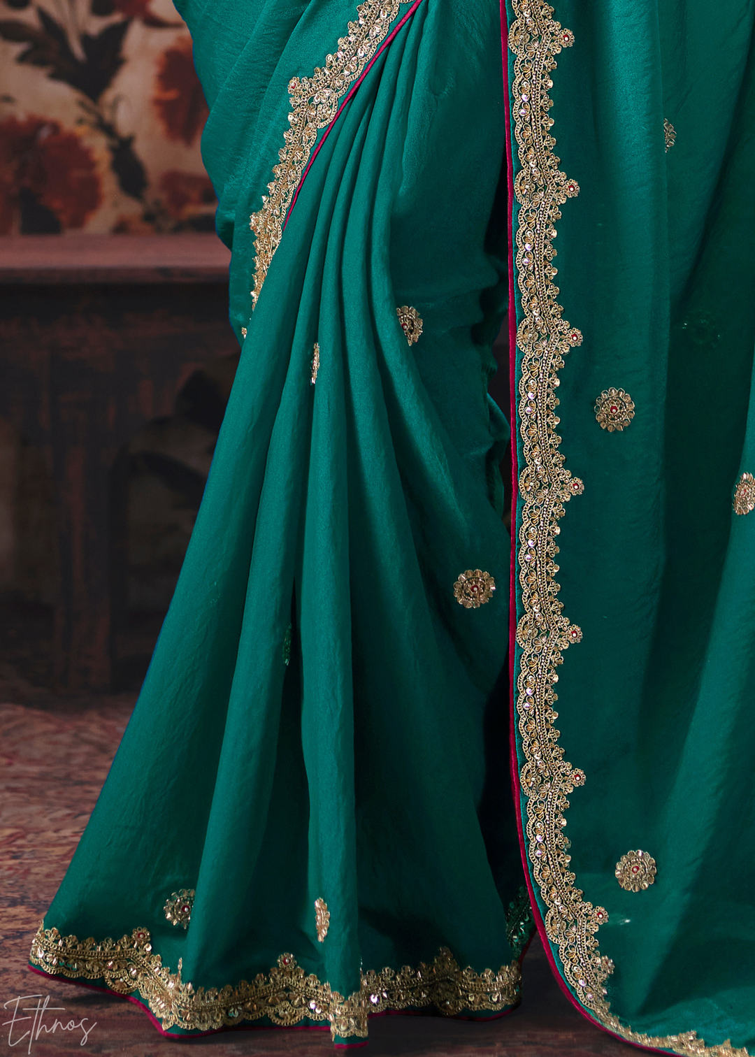 Teal Green Scattered Motif Bember Silk Saree