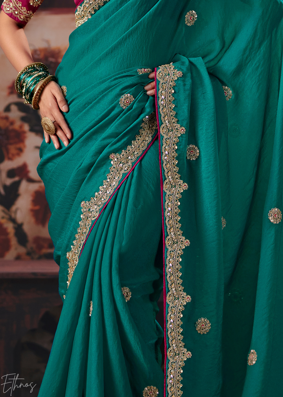 Teal Green Scattered Motif Bember Silk Saree