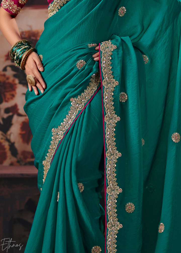 Teal Green Scattered Motif Bember Silk Saree