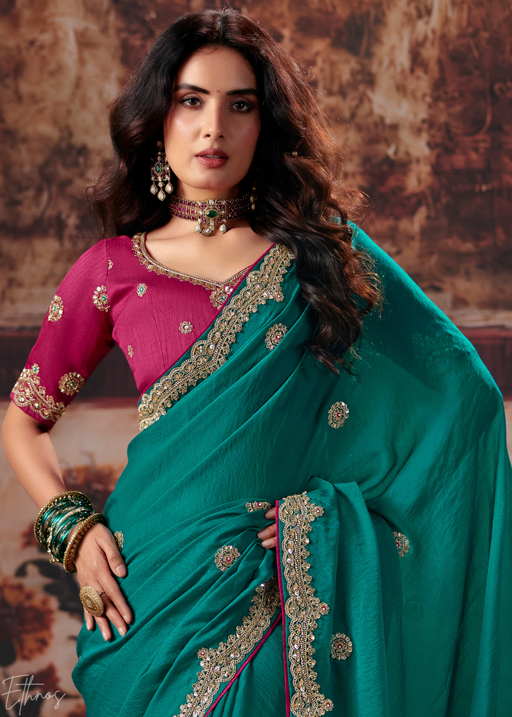 Teal Green Scattered Motif Bember Silk Saree