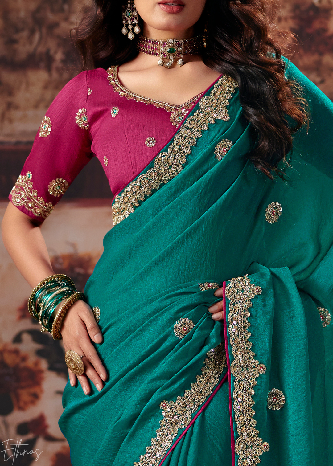 Teal Green Scattered Motif Bember Silk Saree