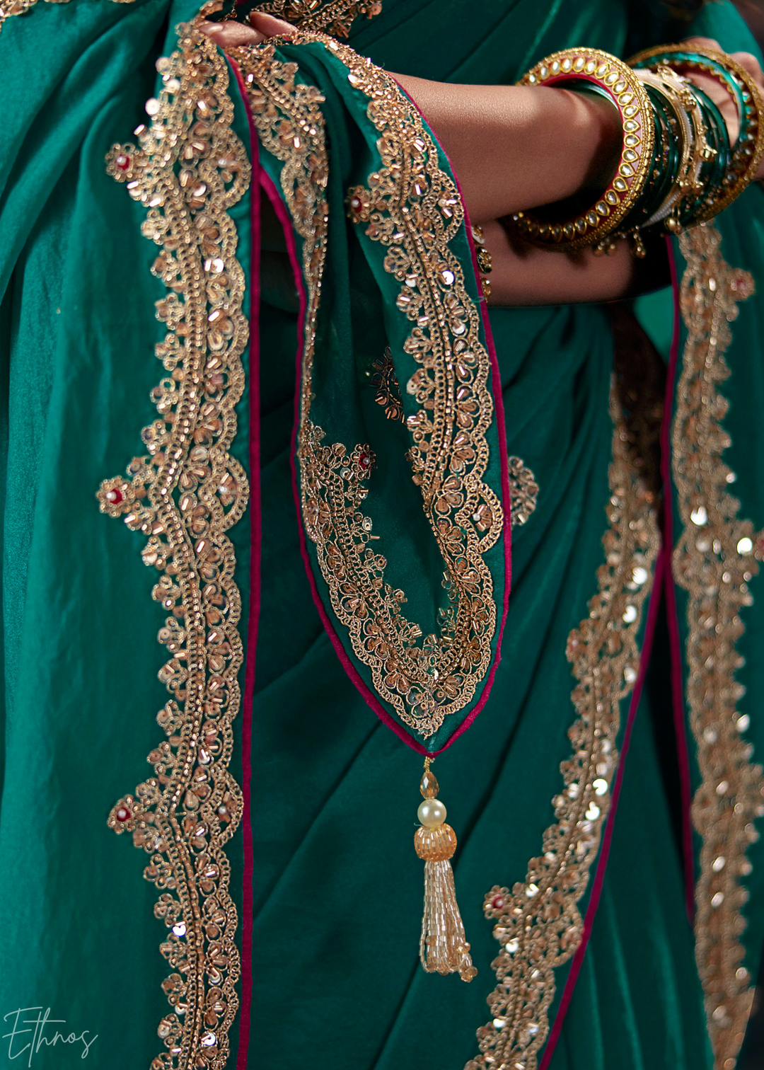 Teal Green Scattered Motif Bember Silk Saree