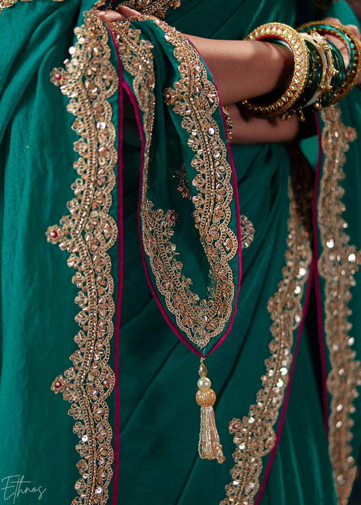 Teal Green Scattered Motif Bember Silk Saree