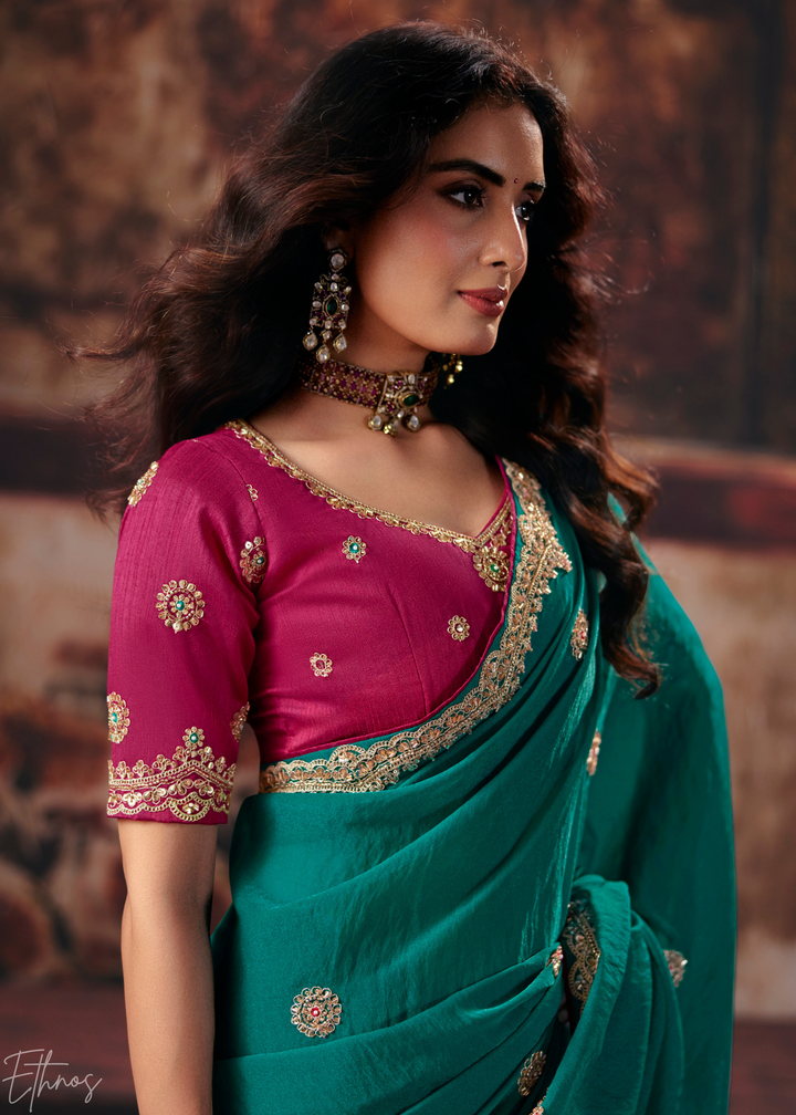Teal Green Scattered Motif Bember Silk Saree