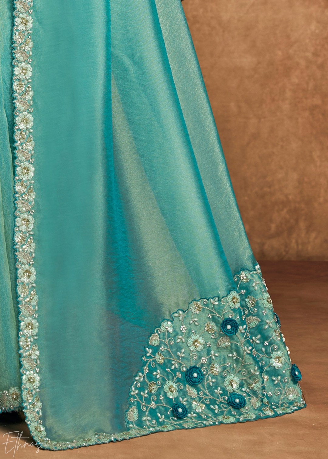 Teal Green Sequin Embroidered Organza Satin Saree