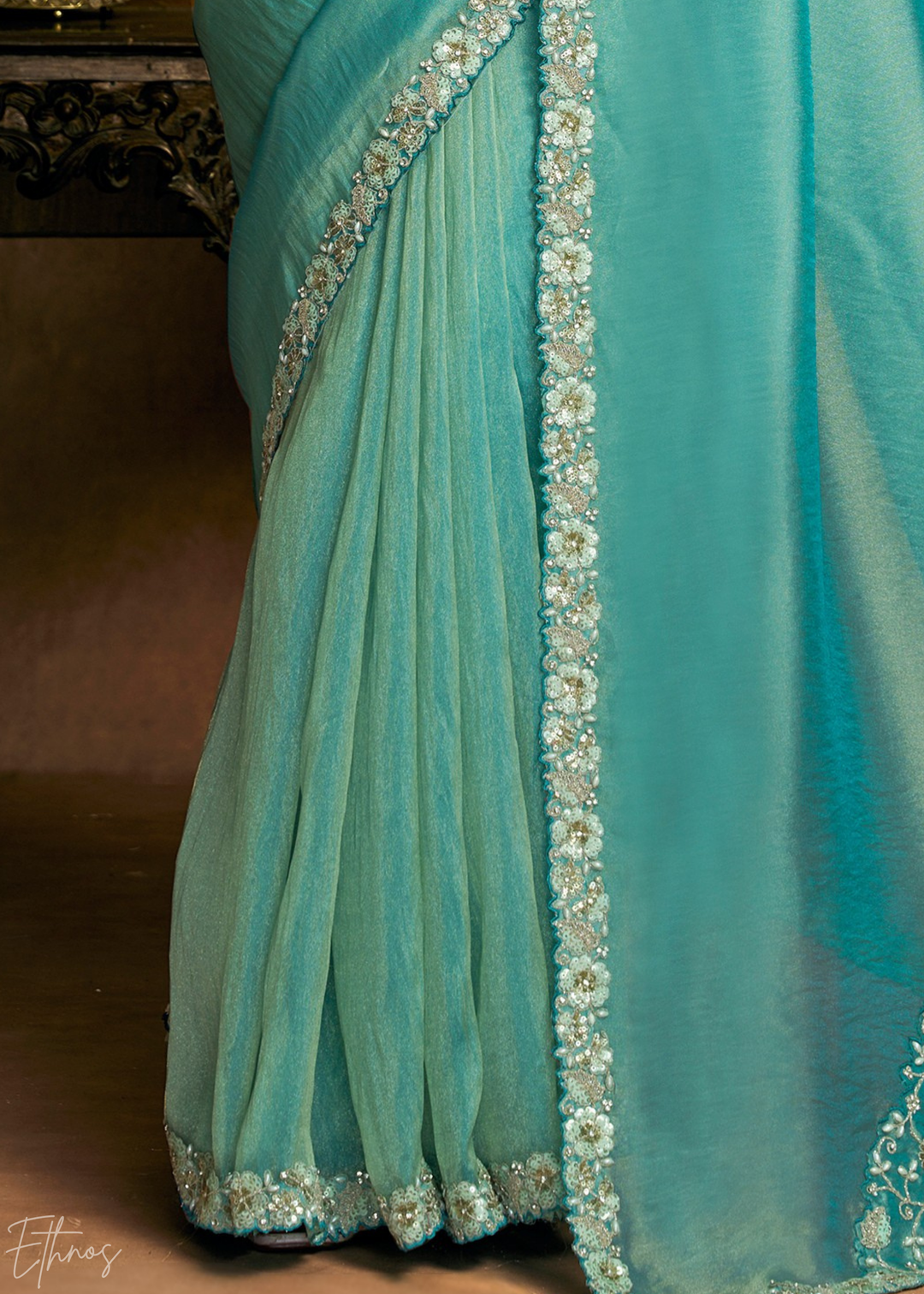 Teal Green Sequin Embroidered Organza Satin Saree