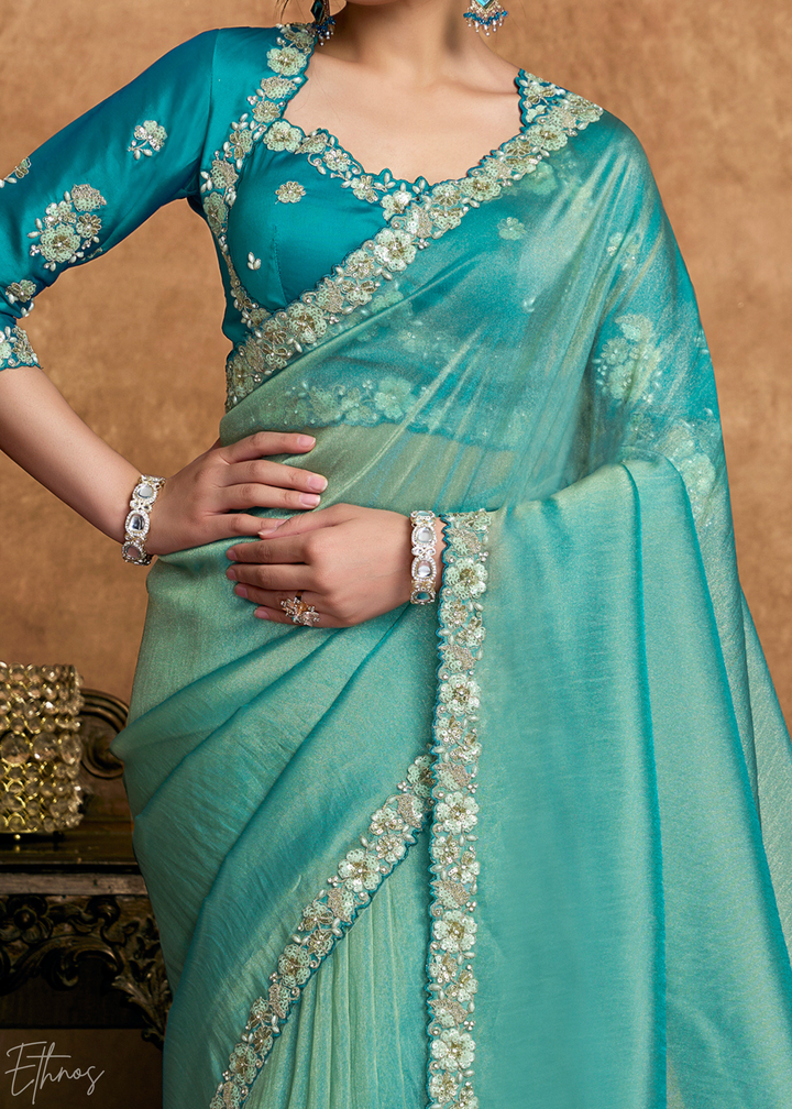 Teal Green Sequin Embroidered Organza Satin Saree
