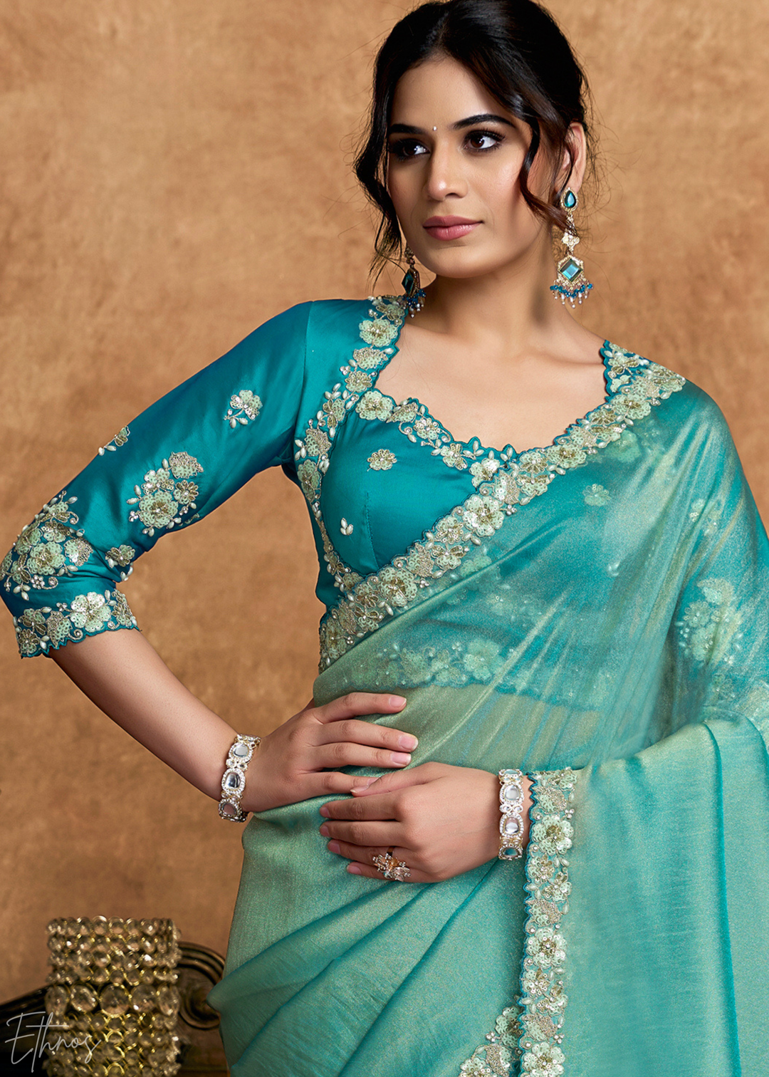 Teal Green Sequin Embroidered Organza Satin Saree