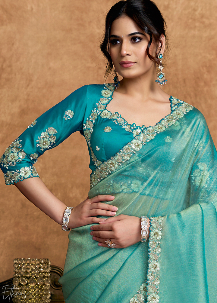 Teal Green Sequin Embroidered Organza Satin Saree