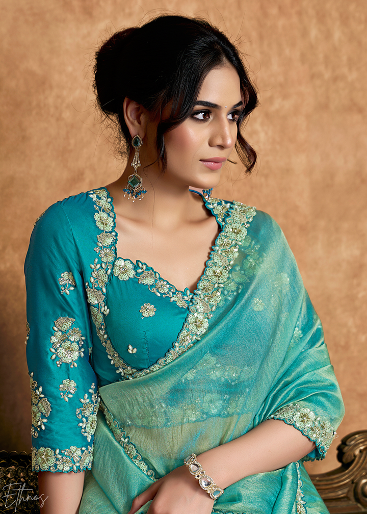 Teal Green Sequin Embroidered Organza Satin Saree