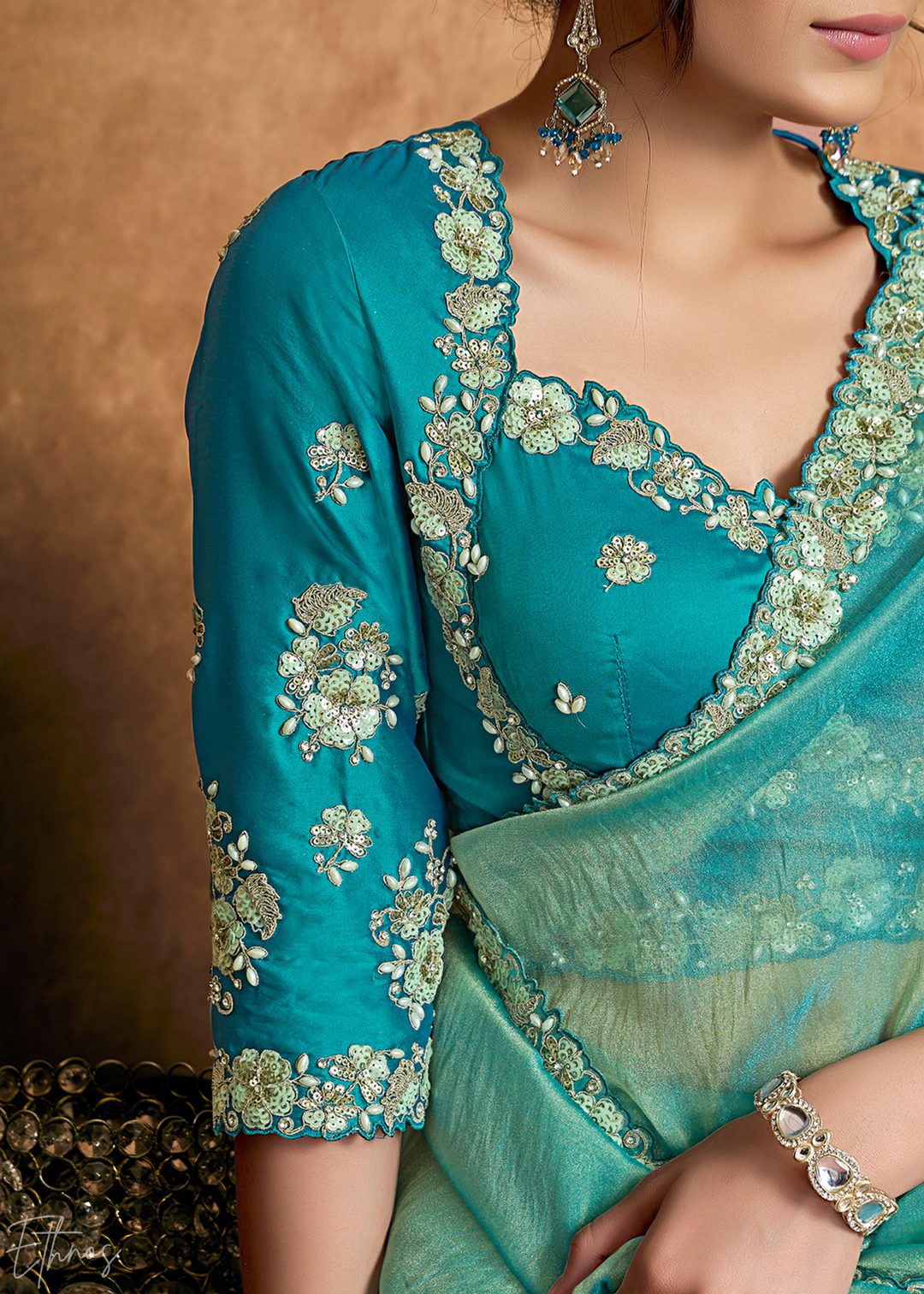 Teal Green Sequin Embroidered Organza Satin Saree