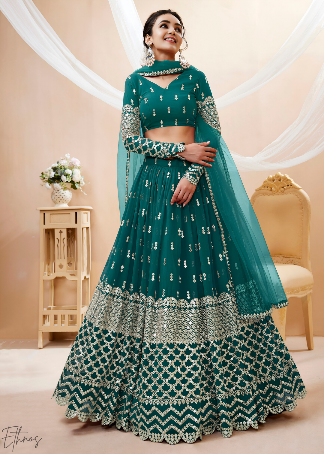 Teal Sequins Georgette Lehenga