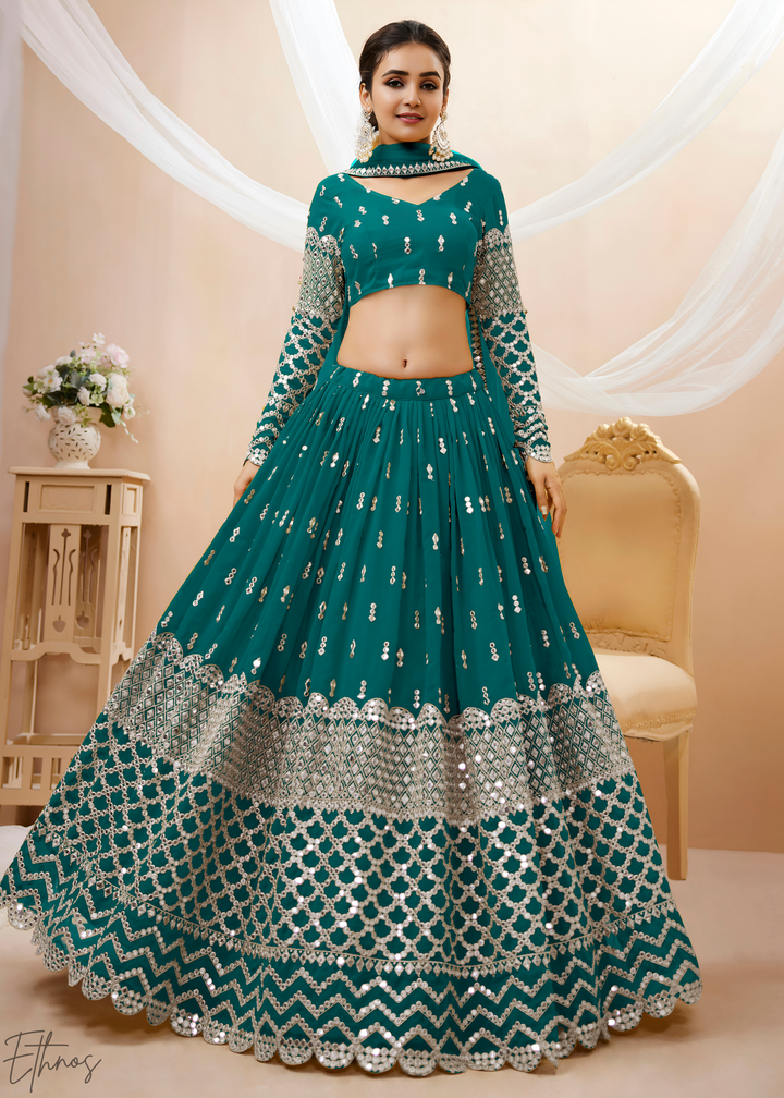 Teal Sequins Georgette Lehenga