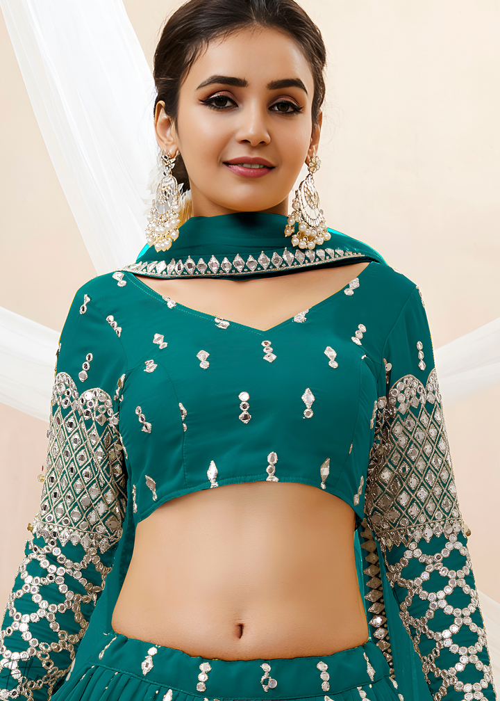 Teal Sequins Georgette Lehenga