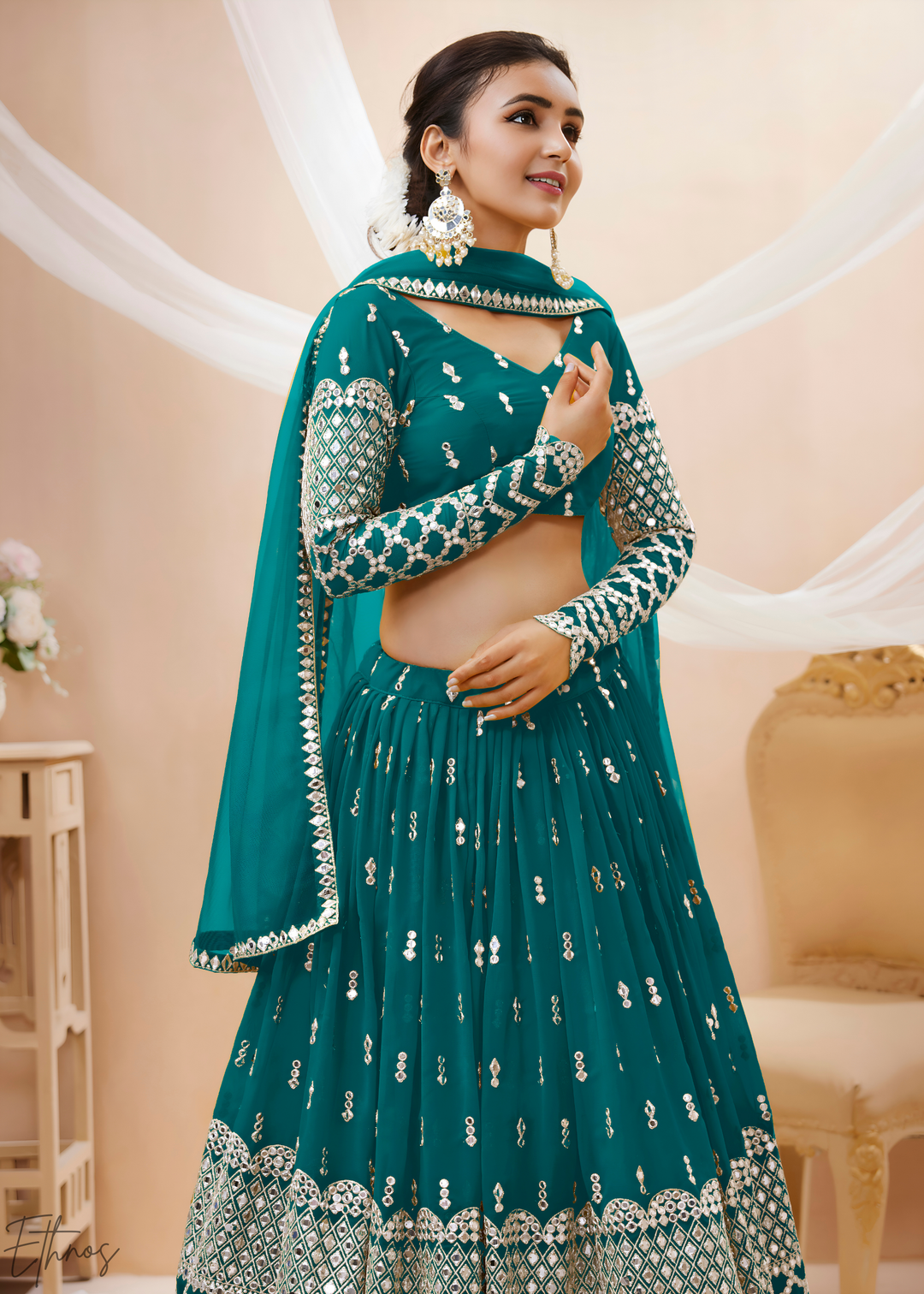 Teal Sequins Georgette Lehenga