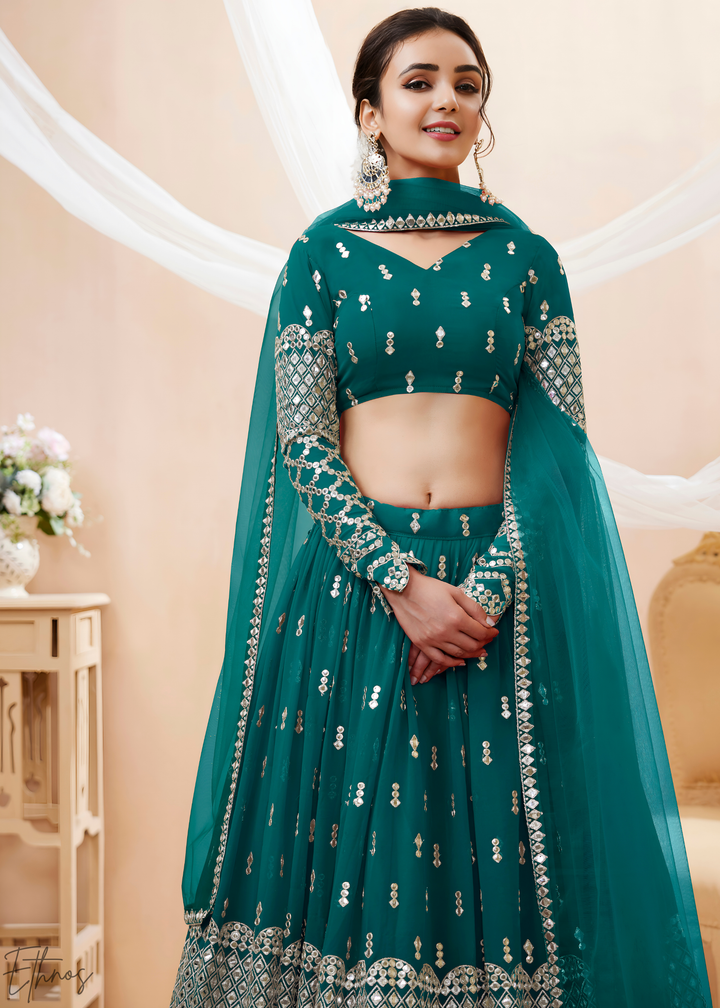 Teal Sequins Georgette Lehenga