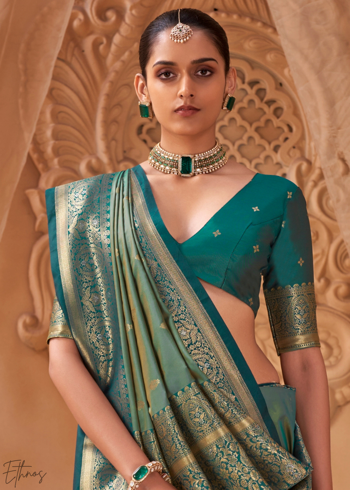 Teal Green Traditional Zari Woven Silk Saree