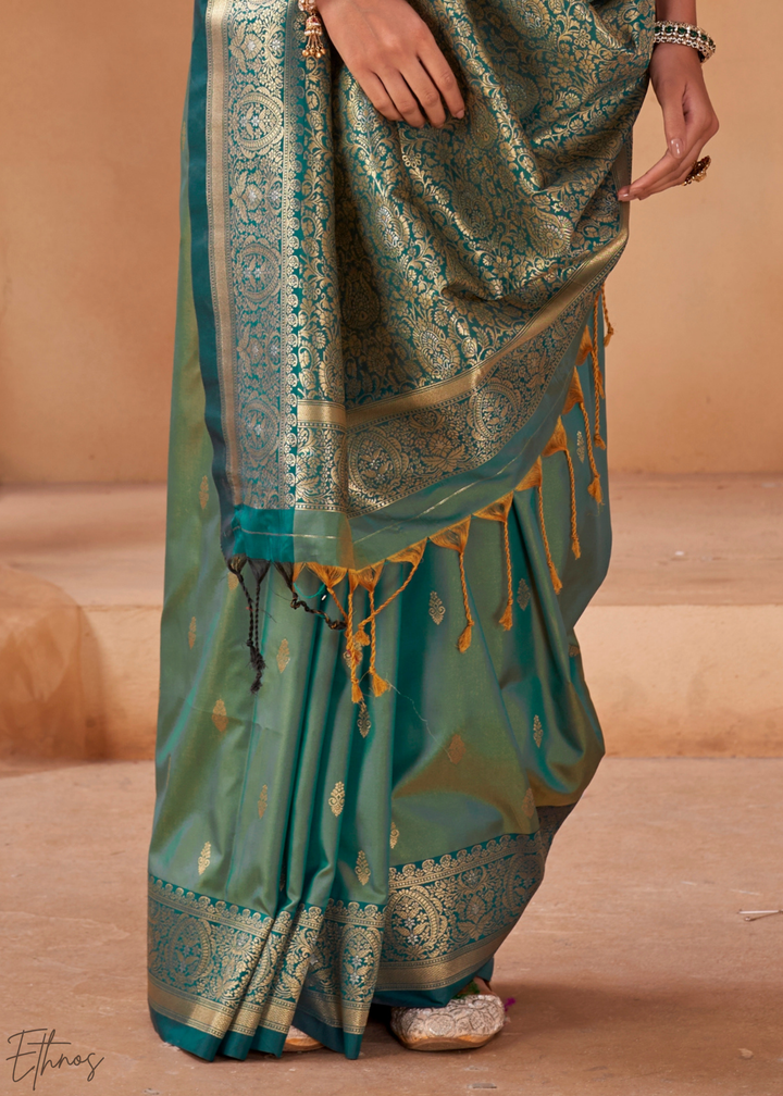 Teal Green Traditional Zari Woven Silk Saree