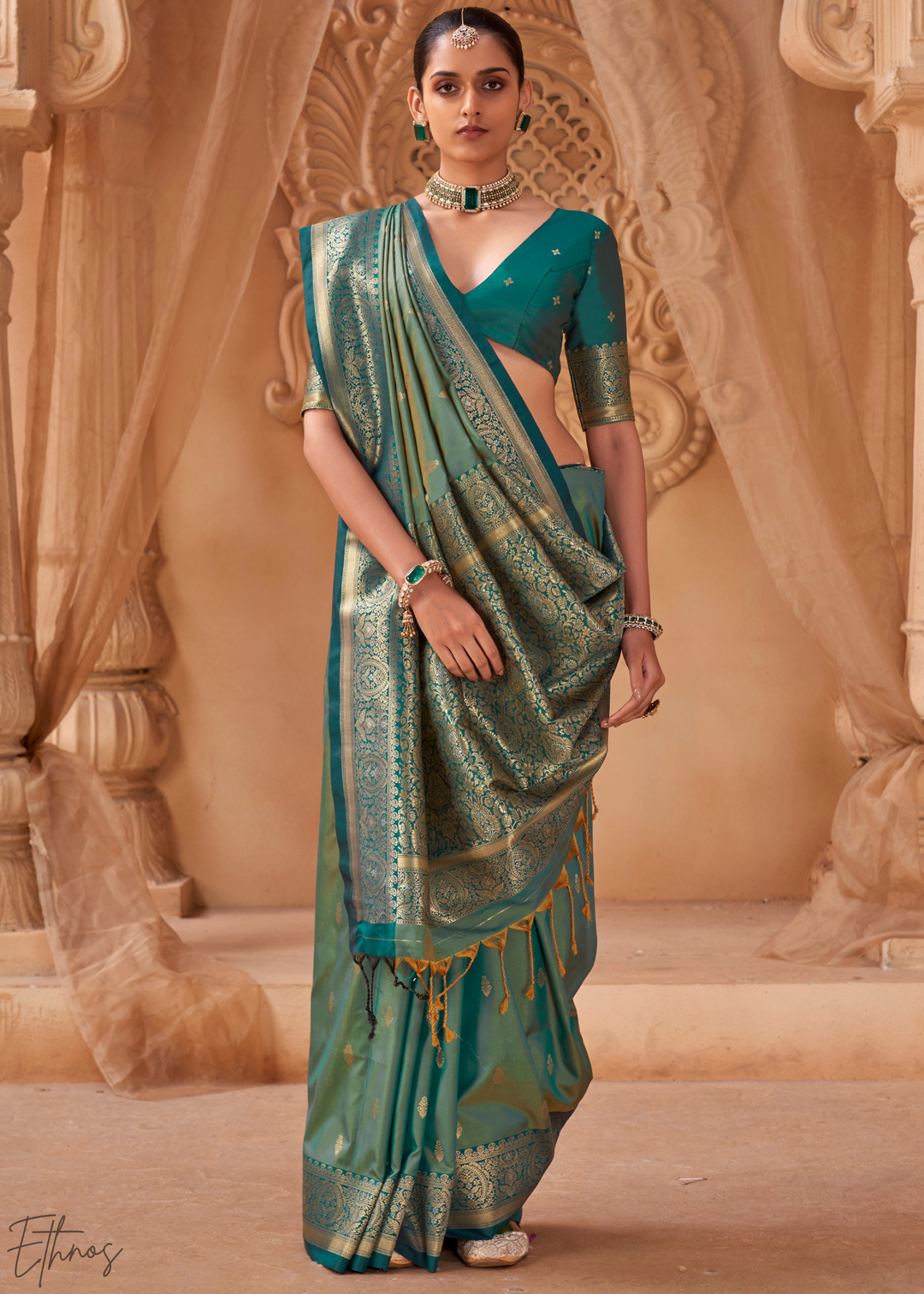 Teal Green Traditional Zari Woven Silk Saree