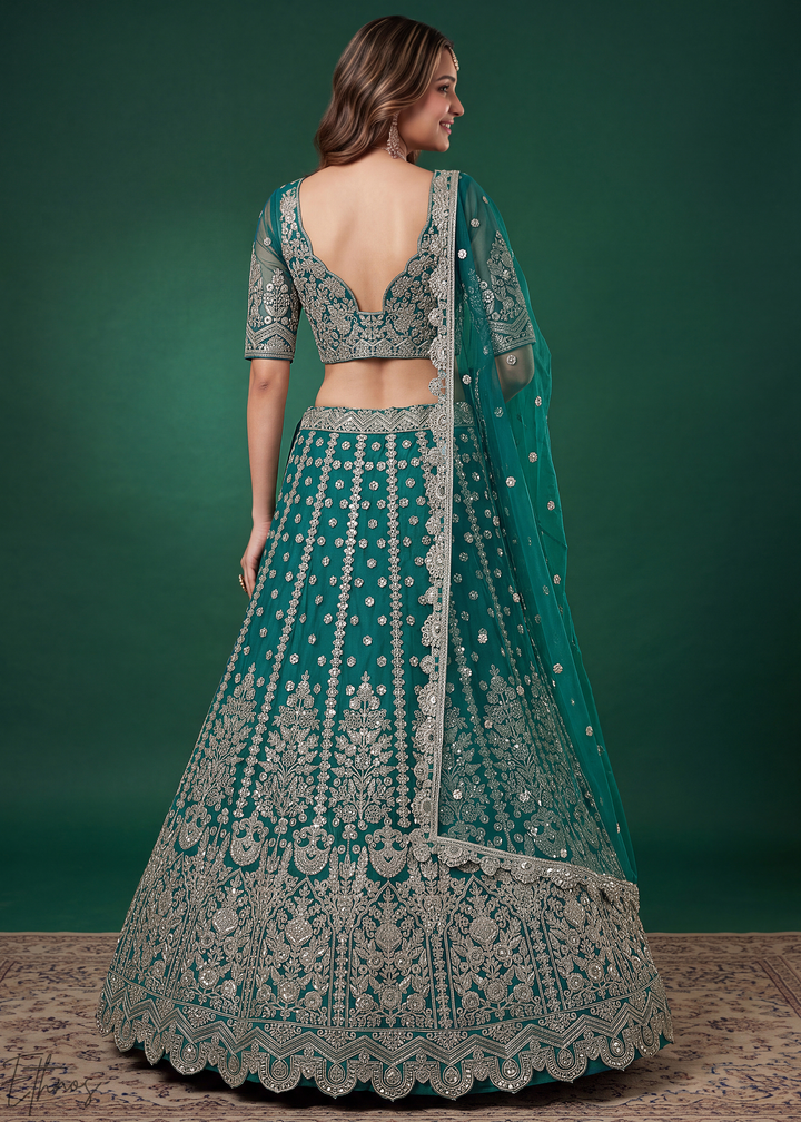 Teal Heavy Floral Embroidered Net Lehenga