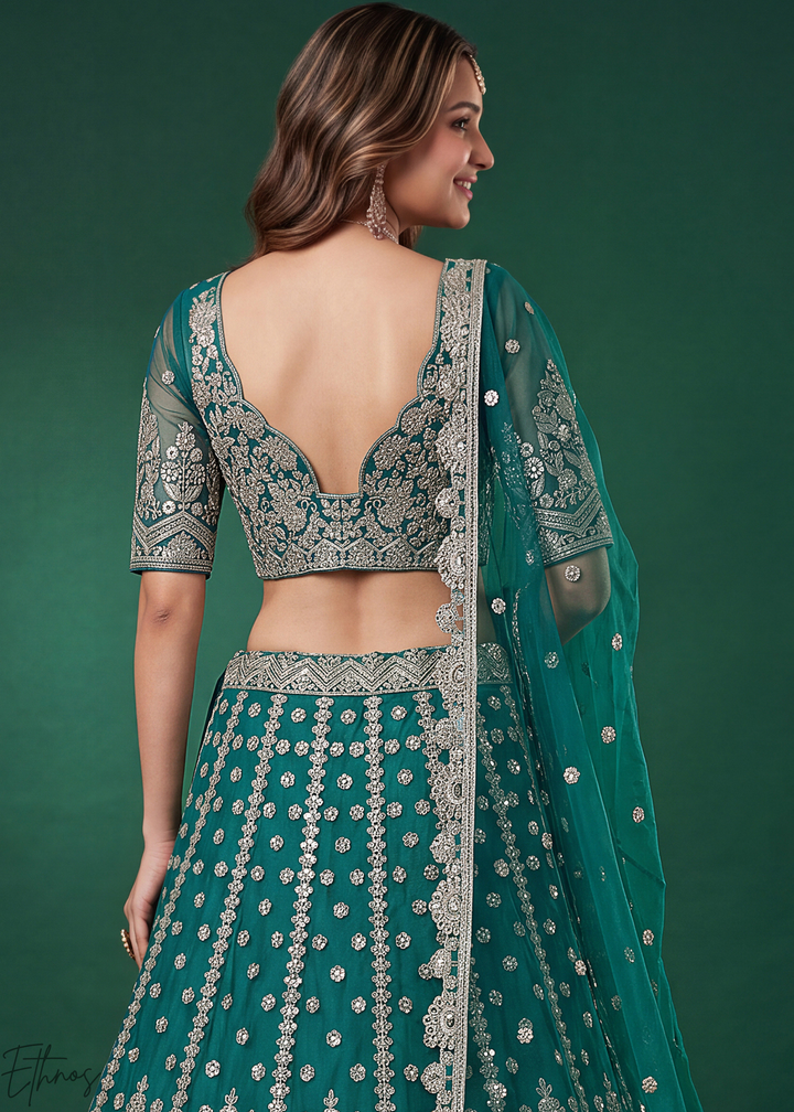 Teal Heavy Floral Embroidered Net Lehenga