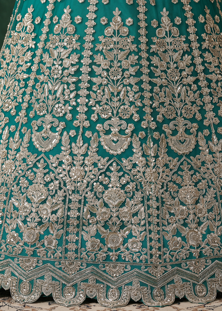 Teal Heavy Floral Embroidered Net Lehenga