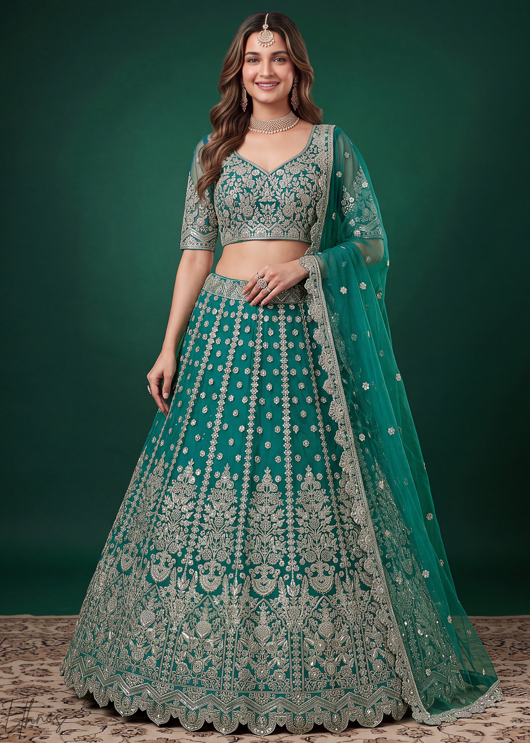 Teal Heavy Floral Embroidered Net Lehenga