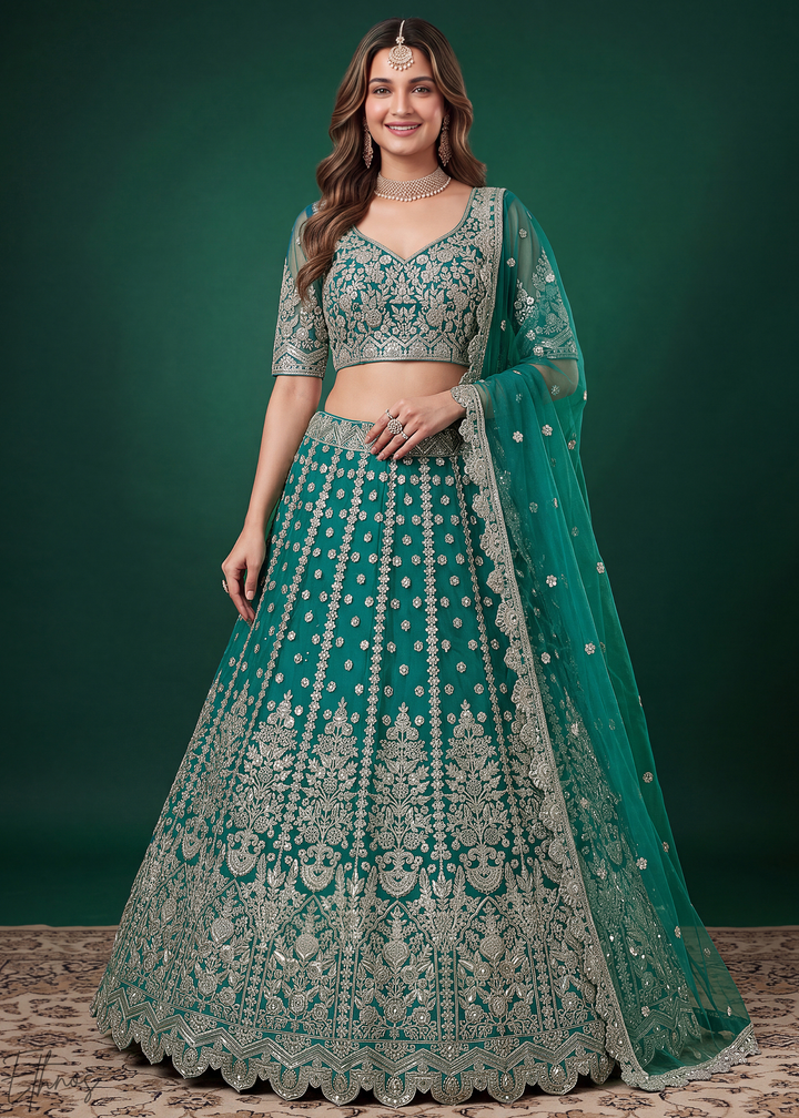 Teal Heavy Floral Embroidered Net Lehenga