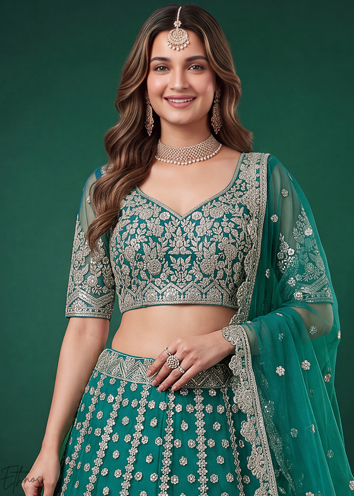 Teal Heavy Floral Embroidered Net Lehenga