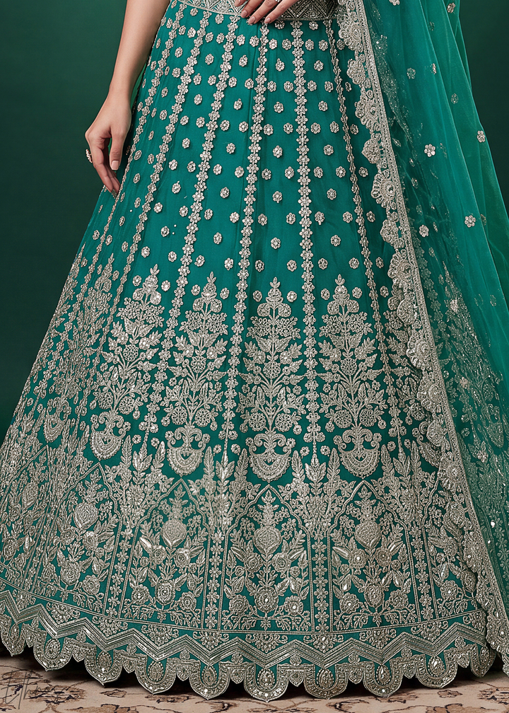 Teal Heavy Floral Embroidered Net Lehenga