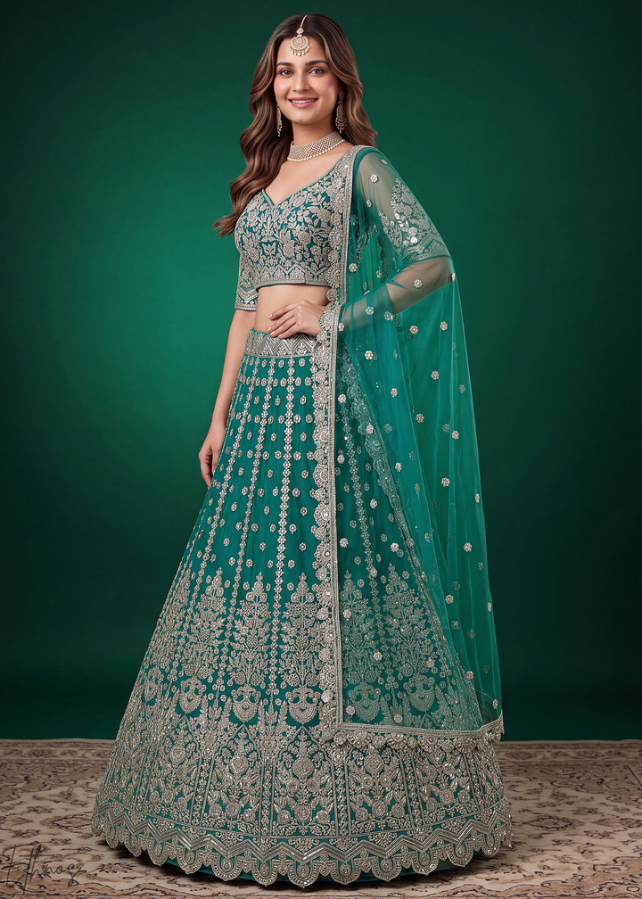 Teal Heavy Floral Embroidered Net Lehenga