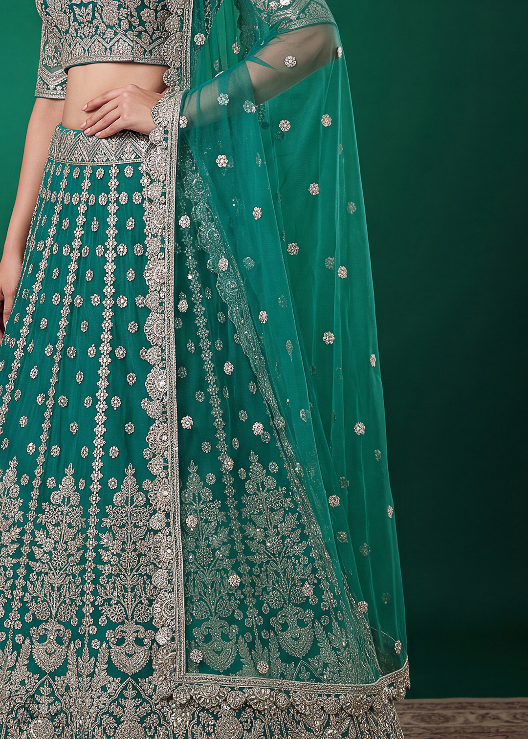 Teal Heavy Floral Embroidered Net Lehenga