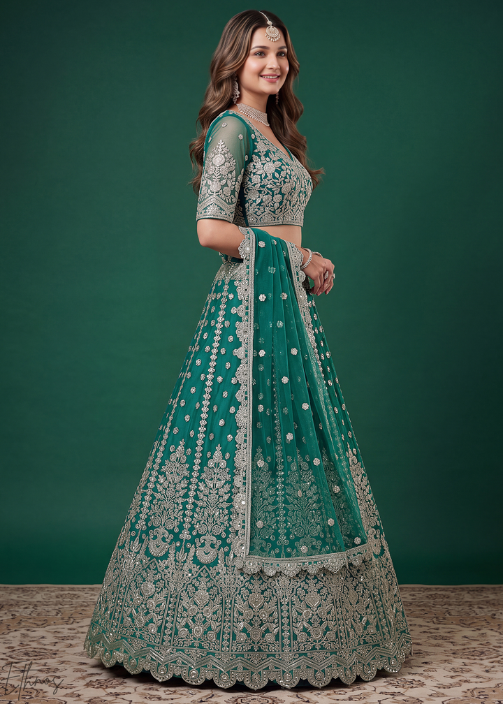 Teal Heavy Floral Embroidered Net Lehenga