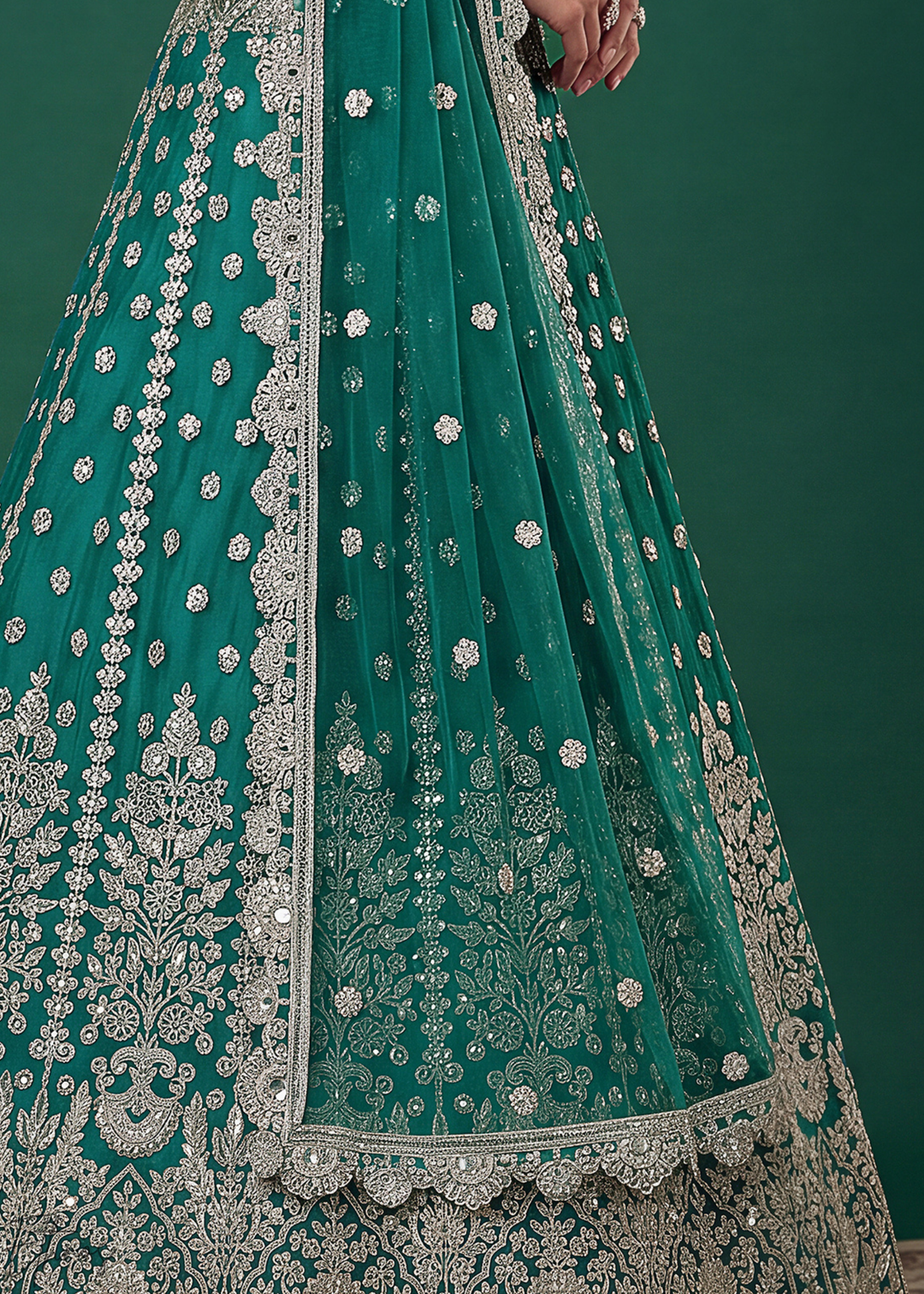 Teal Heavy Floral Embroidered Net Lehenga