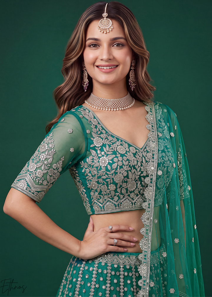 Teal Heavy Floral Embroidered Net Lehenga