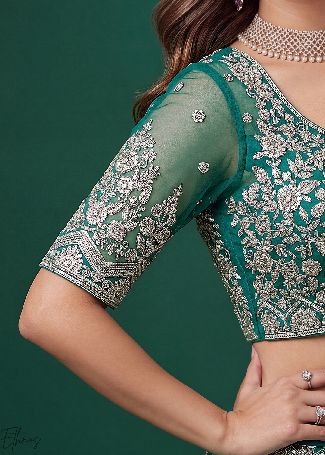 Teal Heavy Floral Embroidered Net Lehenga