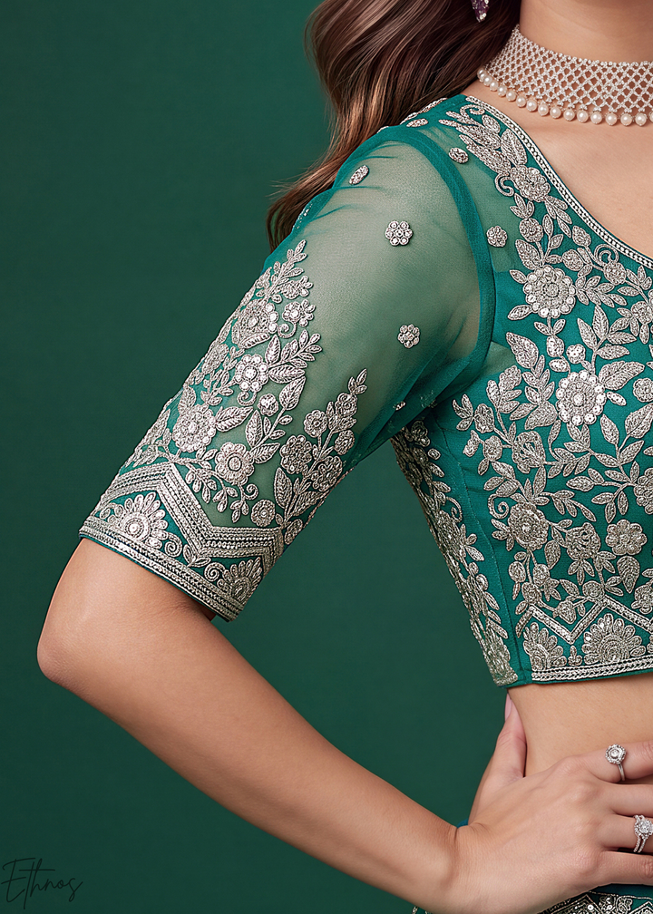 Teal Heavy Floral Embroidered Net Lehenga