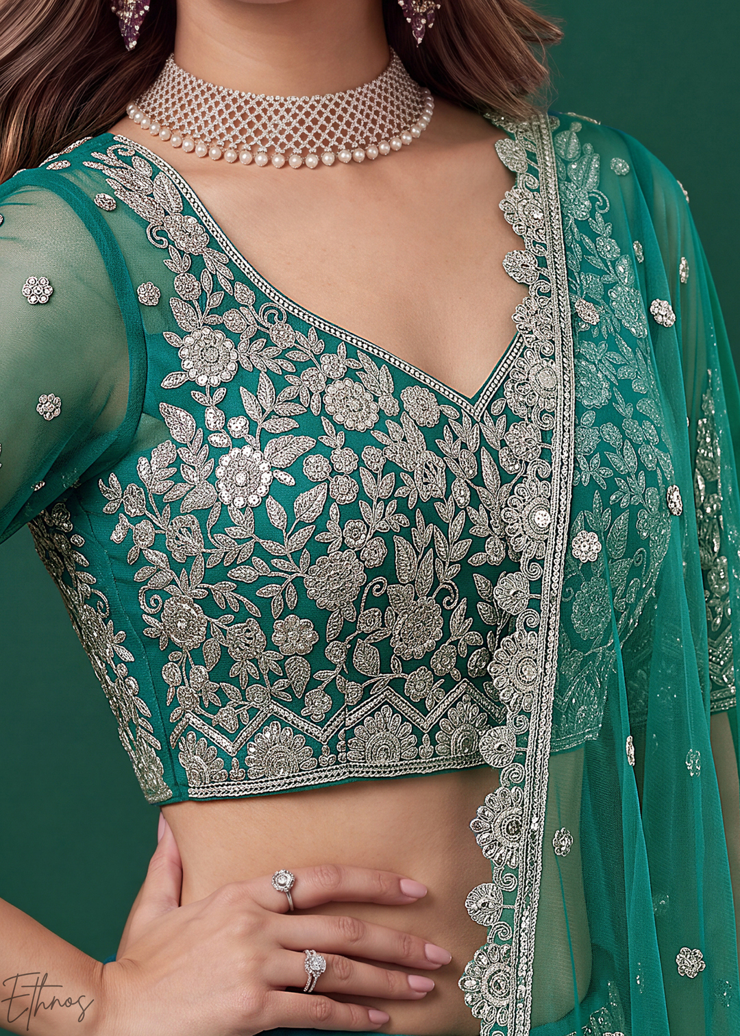 Teal Heavy Floral Embroidered Net Lehenga
