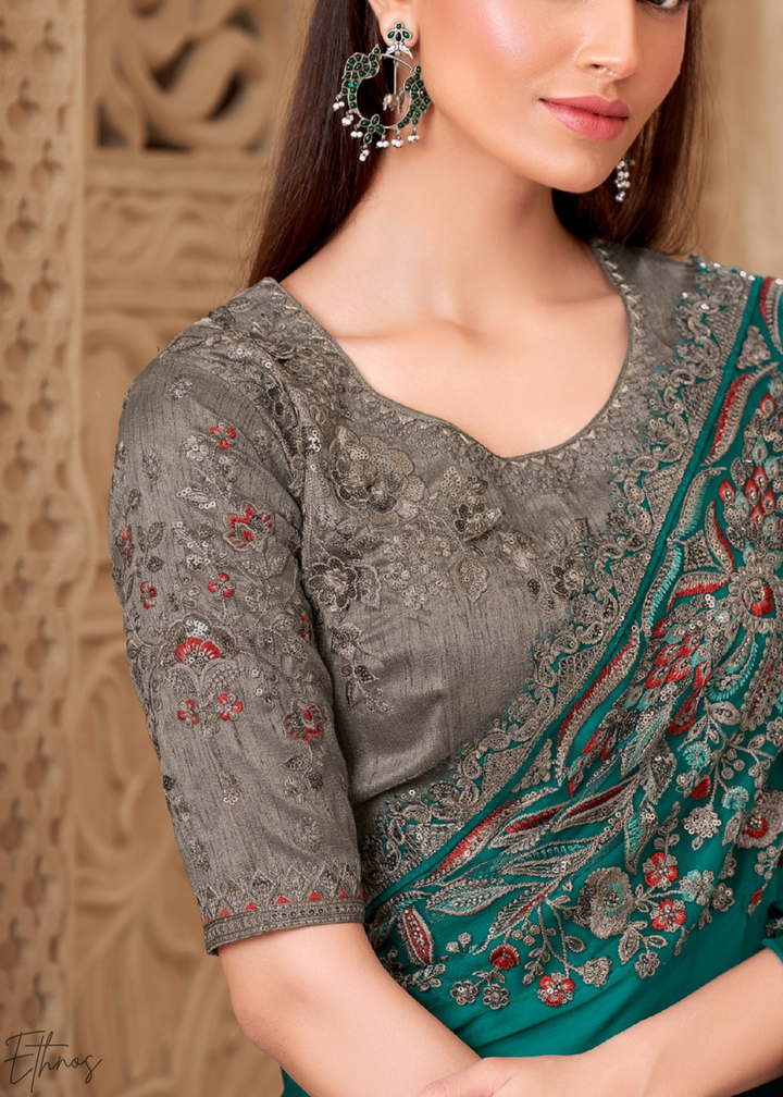 Teal Lagoon Classic Border Satin Georgette Saree