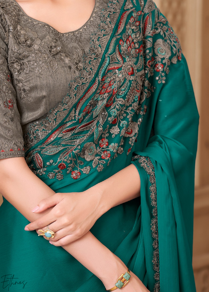 Teal Lagoon Classic Border Satin Georgette Saree