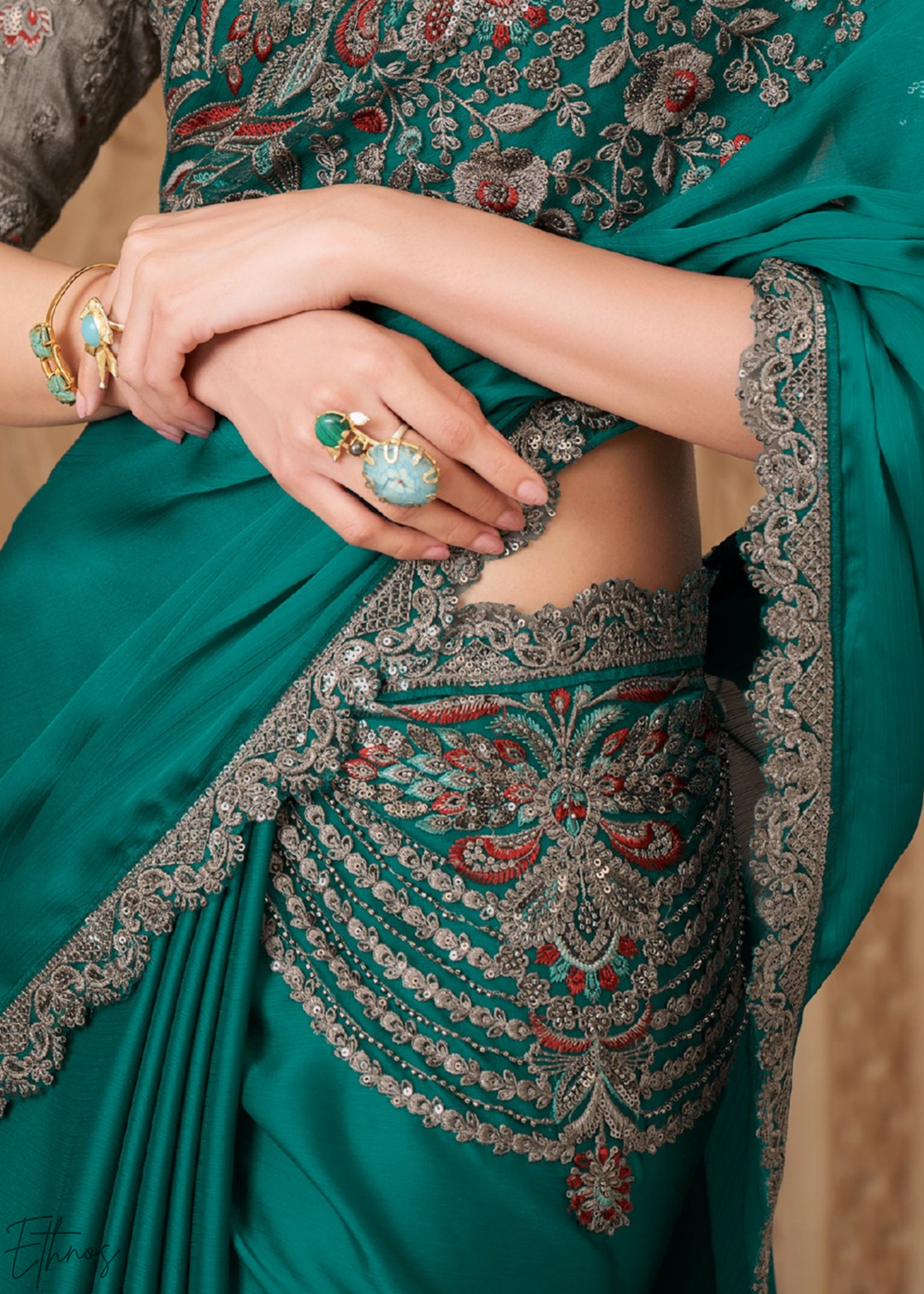 Teal Lagoon Classic Border Satin Georgette Saree