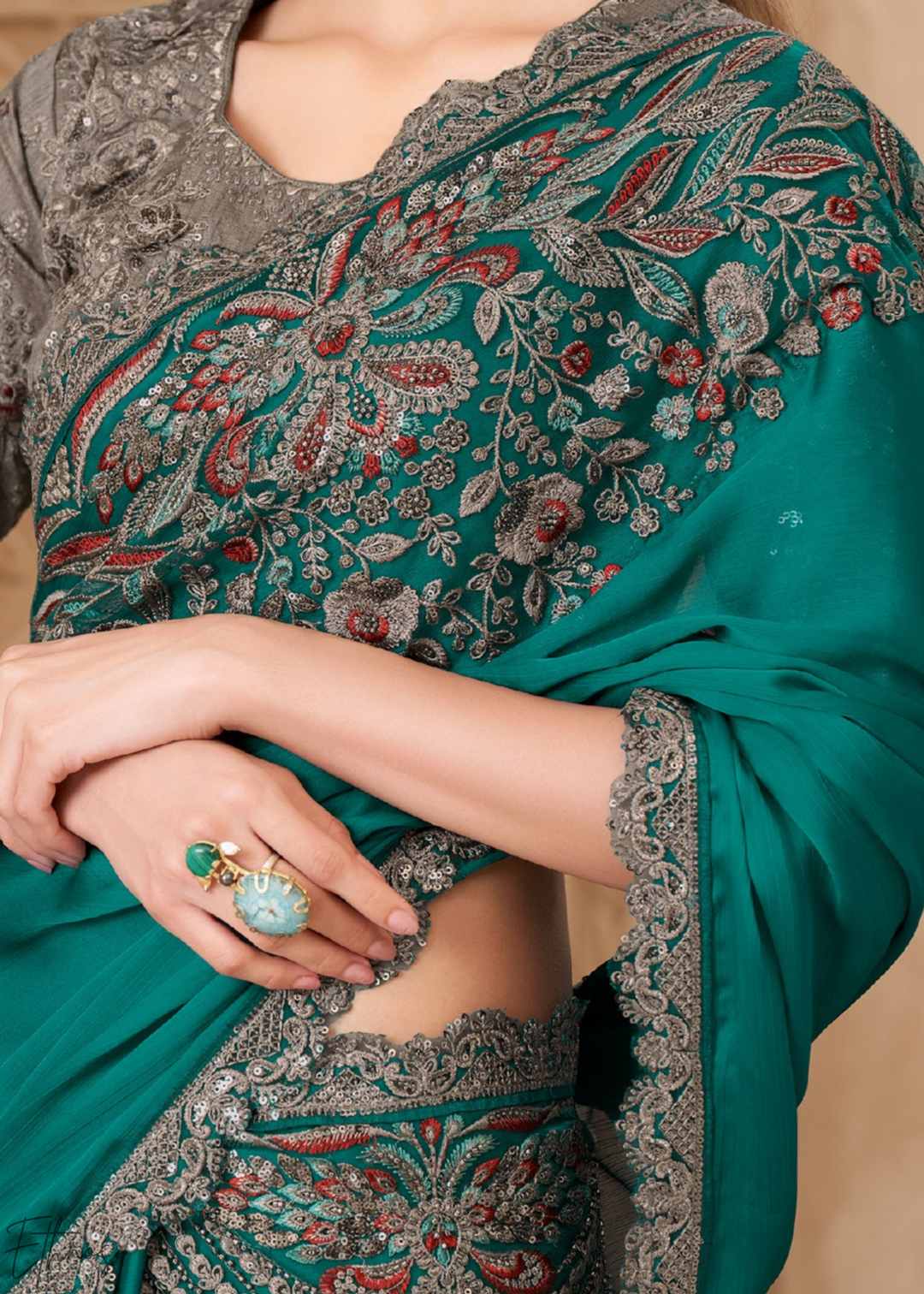 Teal Lagoon Classic Border Satin Georgette Saree