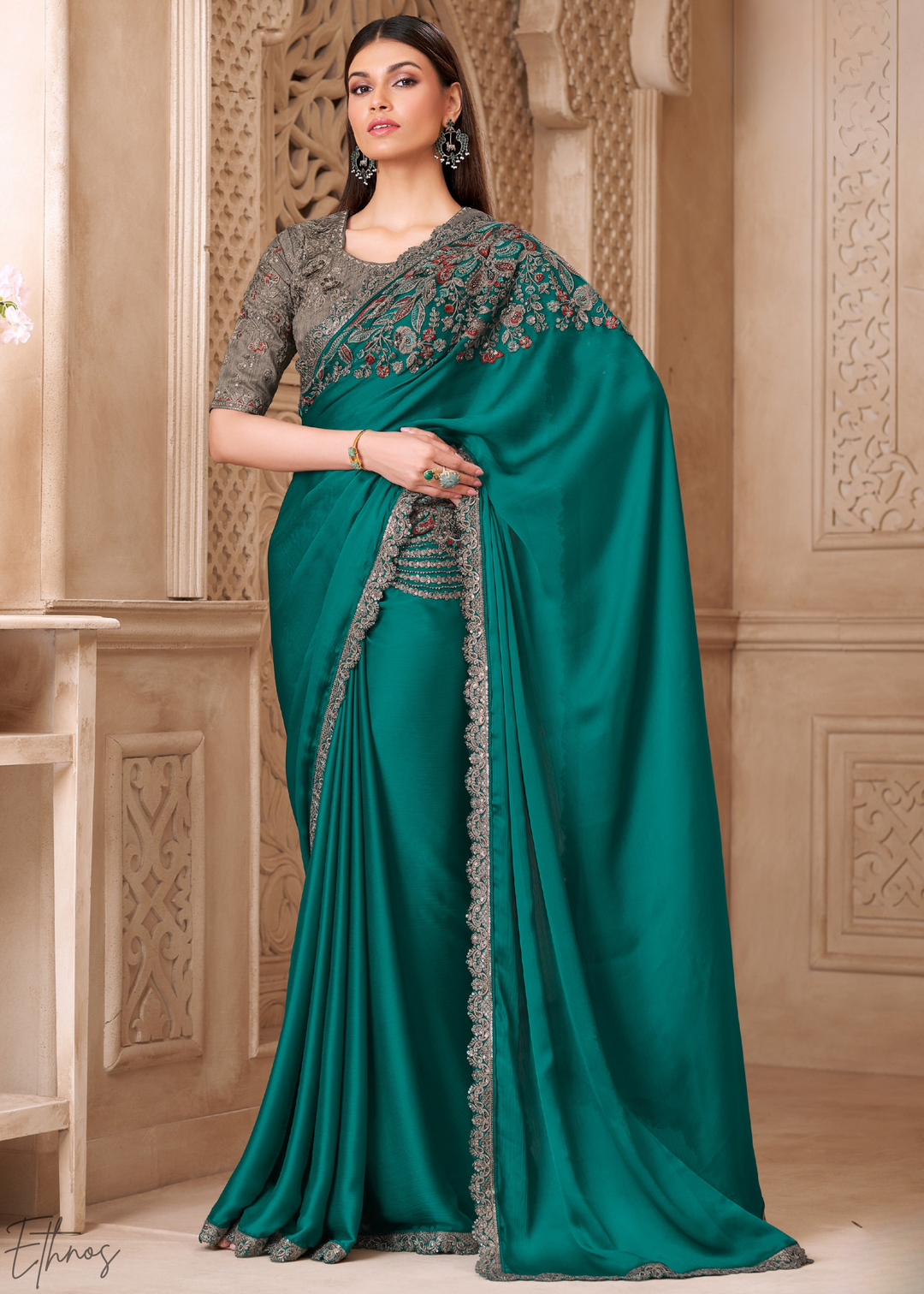 Teal Lagoon Classic Border Satin Georgette Saree