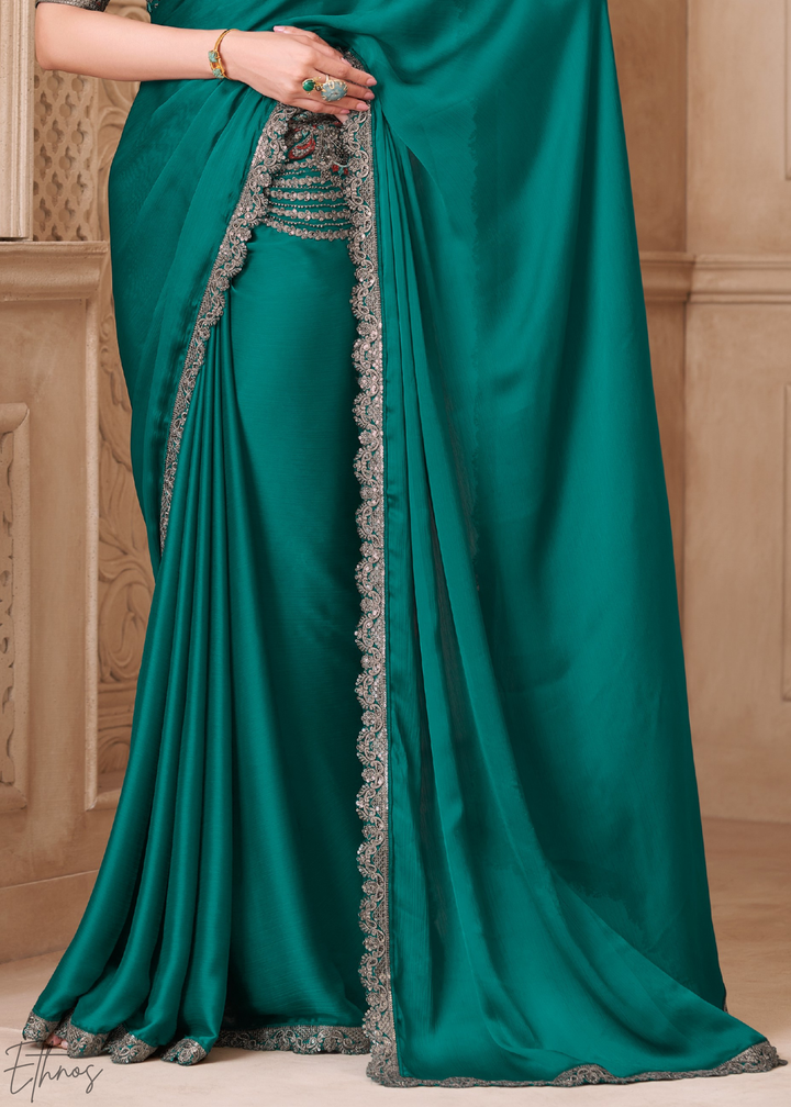 Teal Lagoon Classic Border Satin Georgette Saree