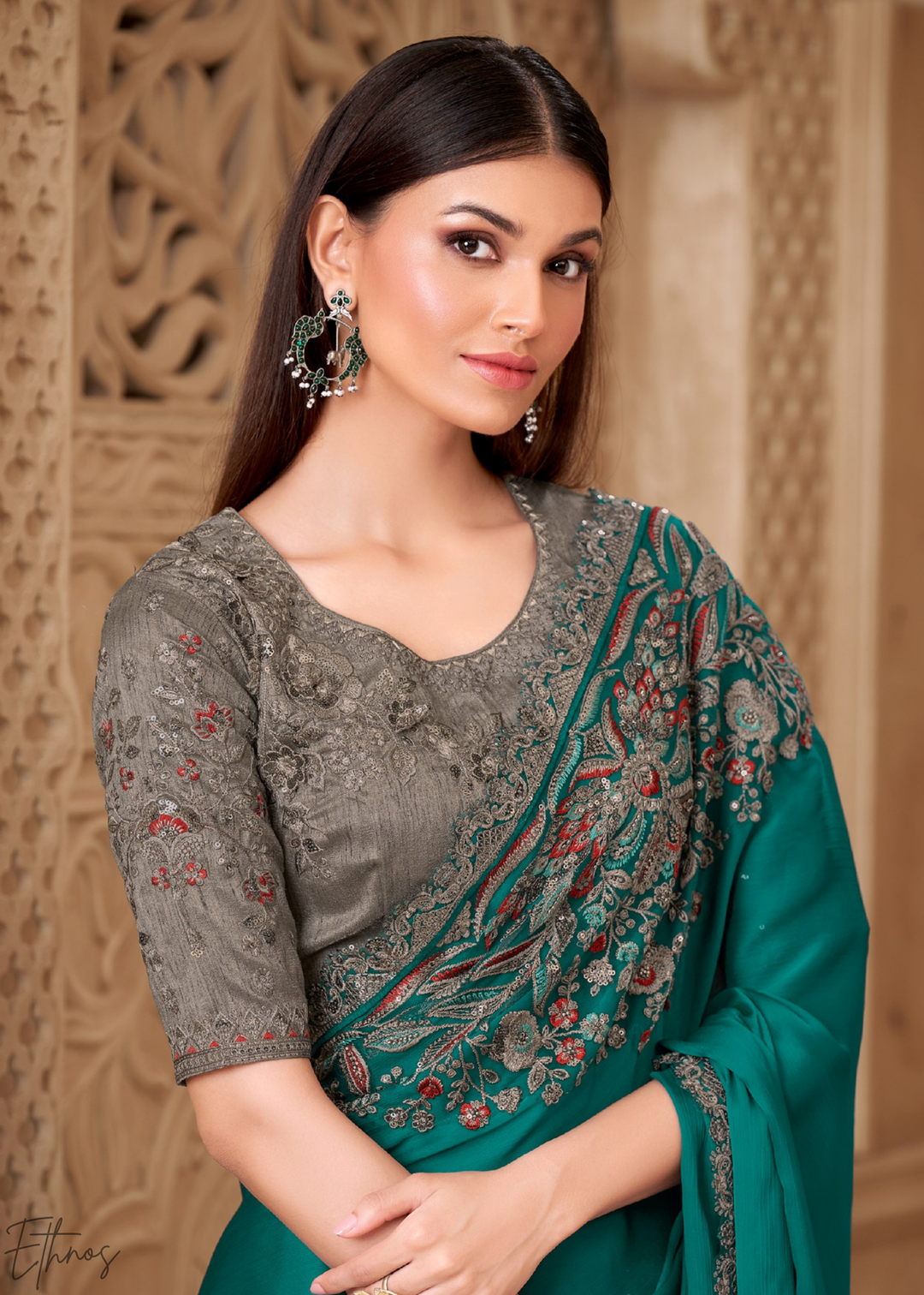 Teal Lagoon Classic Border Satin Georgette Saree