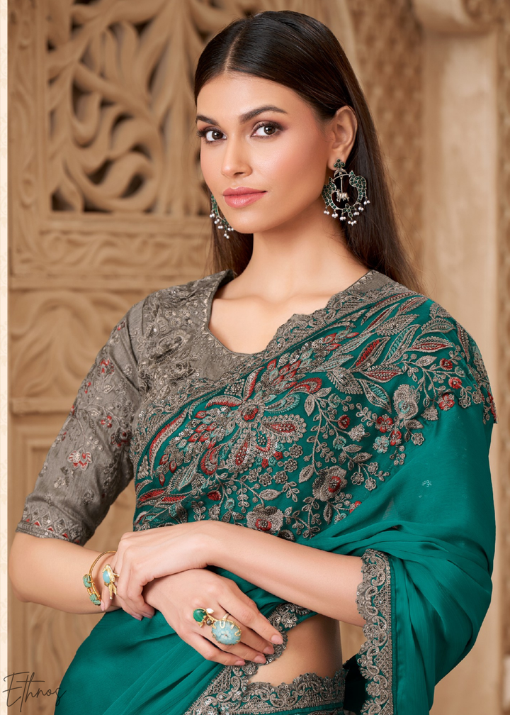 Teal Lagoon Classic Border Satin Georgette Saree