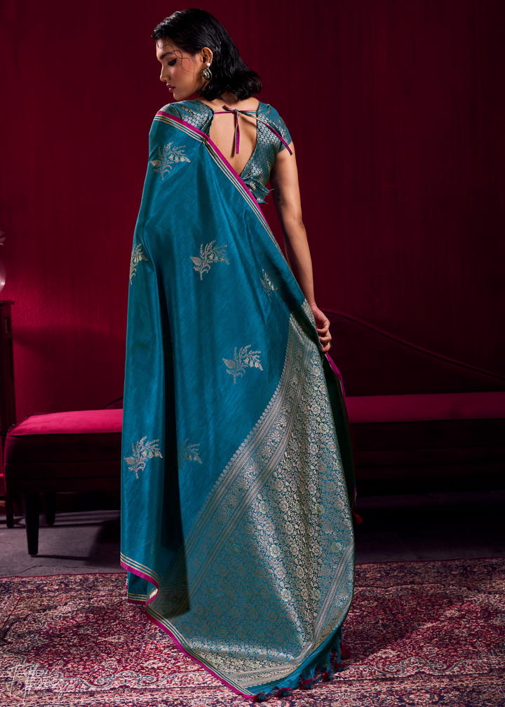 Teal Lotus Zari Satin Linen Silk Saree