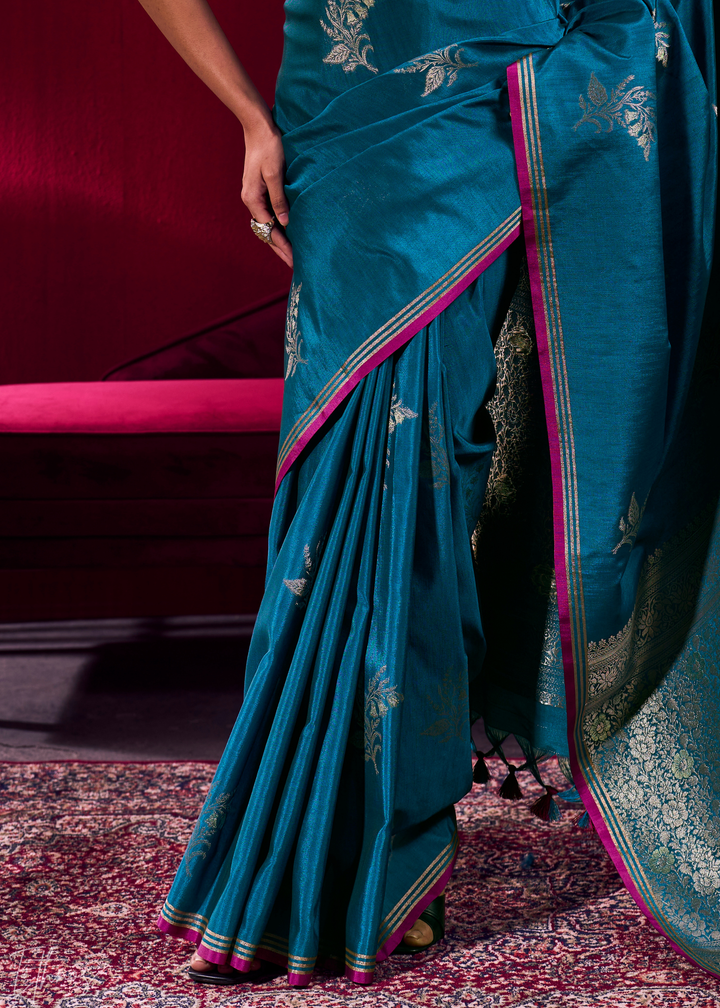 Teal Lotus Zari Satin Linen Silk Saree