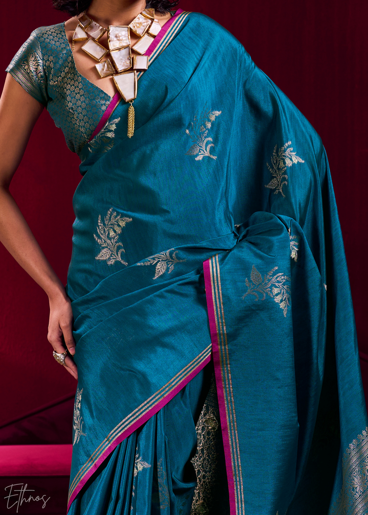 Teal Lotus Zari Satin Linen Silk Saree