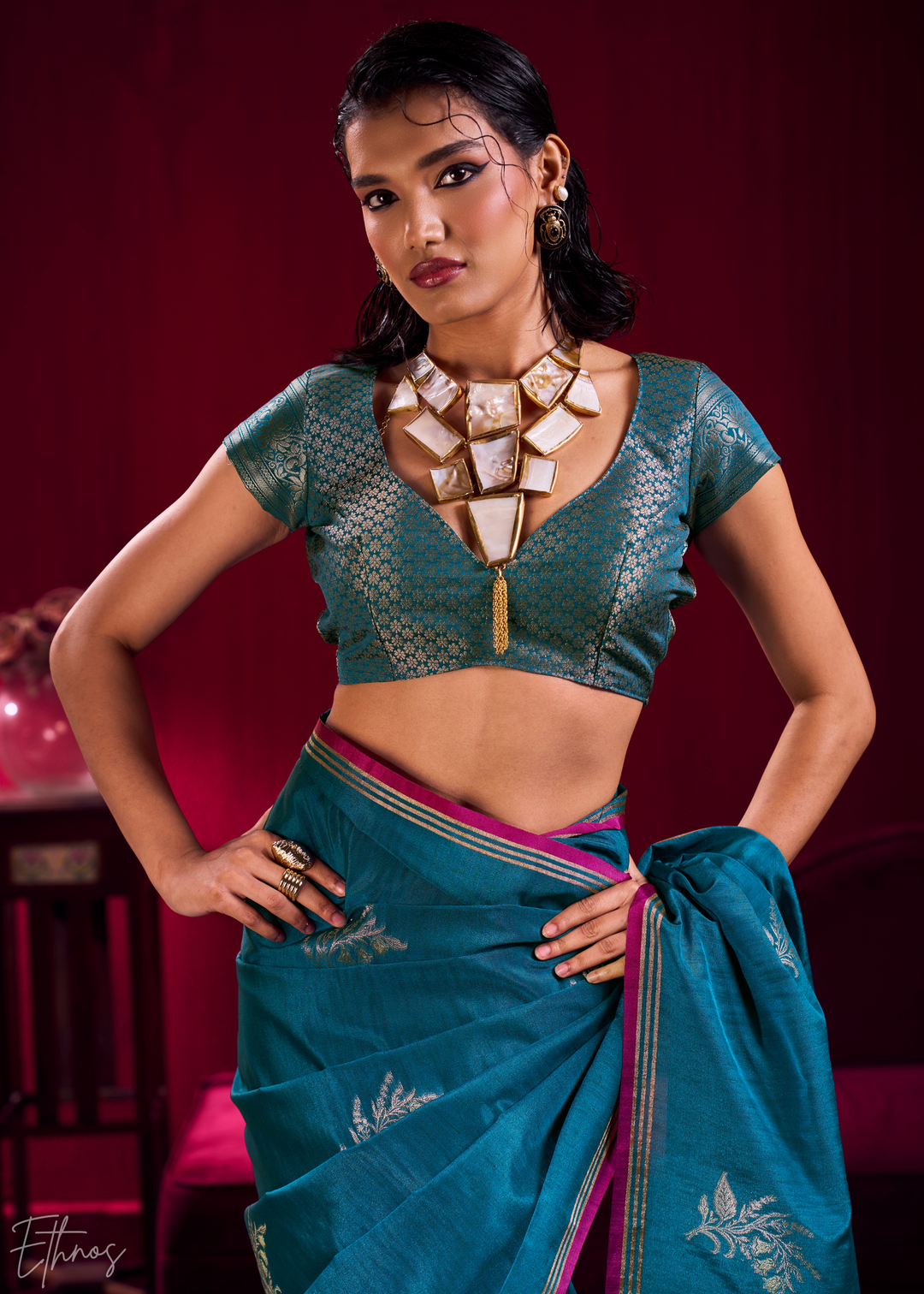 Teal Lotus Zari Satin Linen Silk Saree